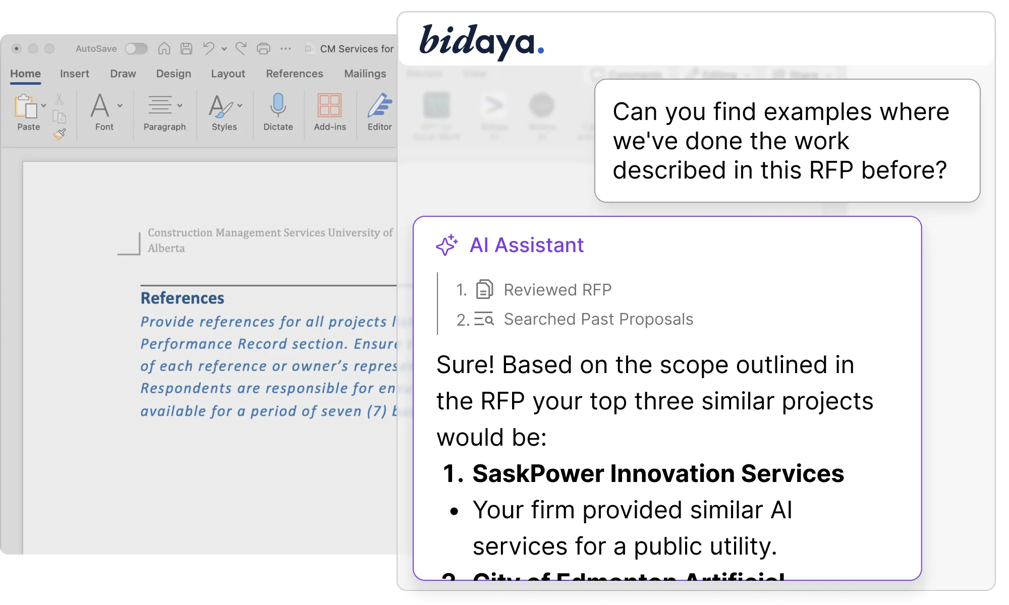 The Bidaya panel docked inside a Microsoft Word document, answering a question about past proposals for an RFP.