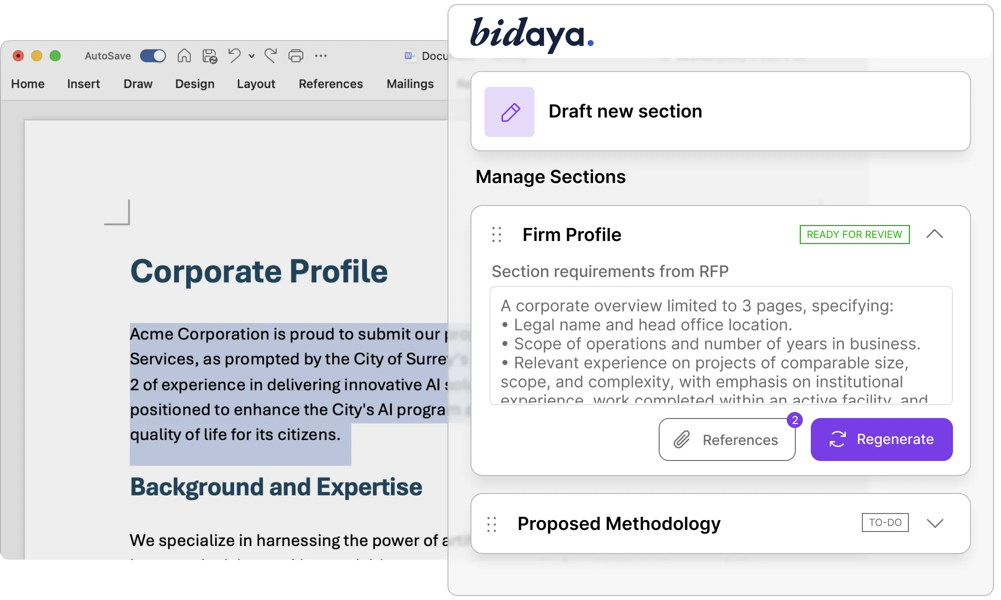 Bidaya drafting a Firm Profile section in Word, with the section requirements pulled from the RFP.
