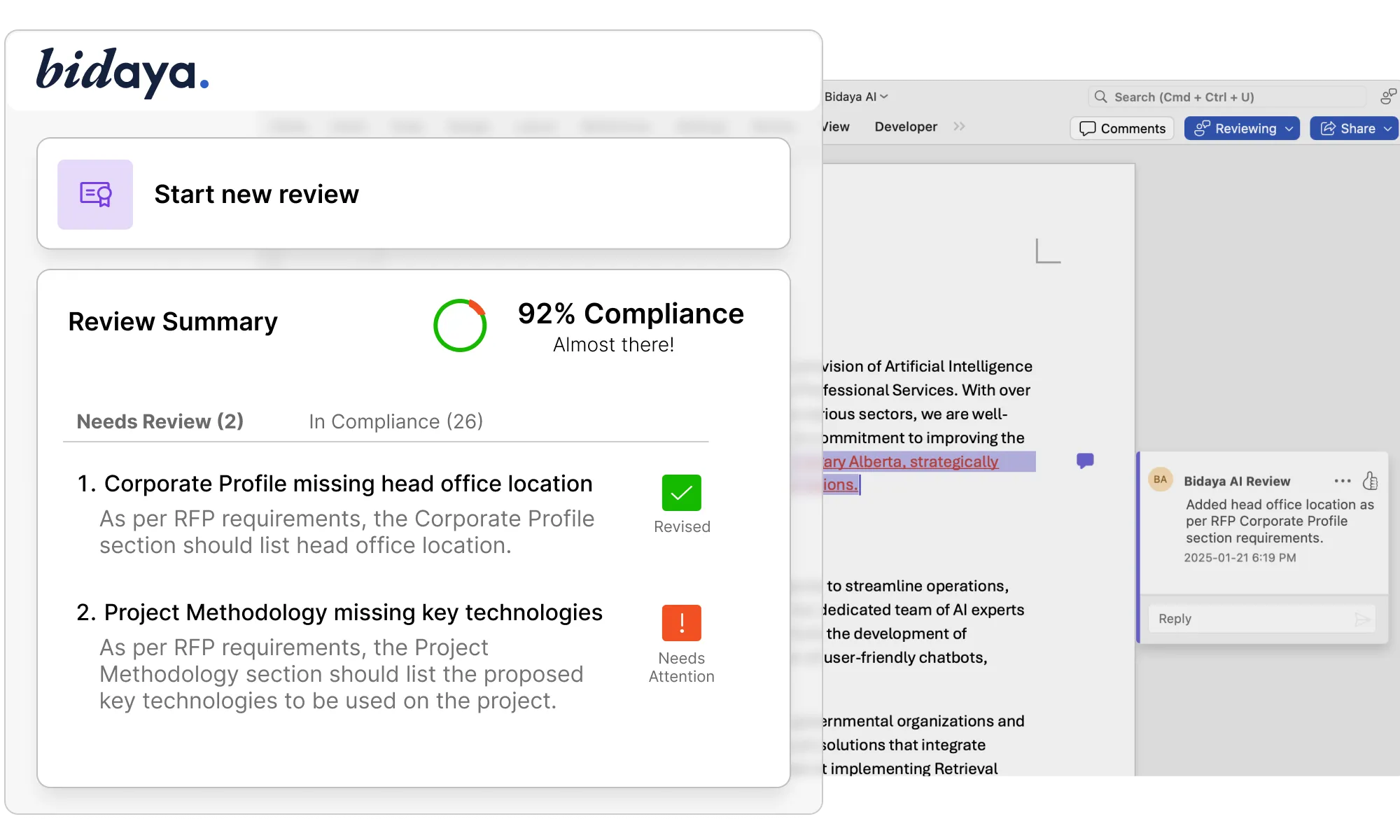 A Bidaya review summary in Word showing a compliance score with items flagged for review.